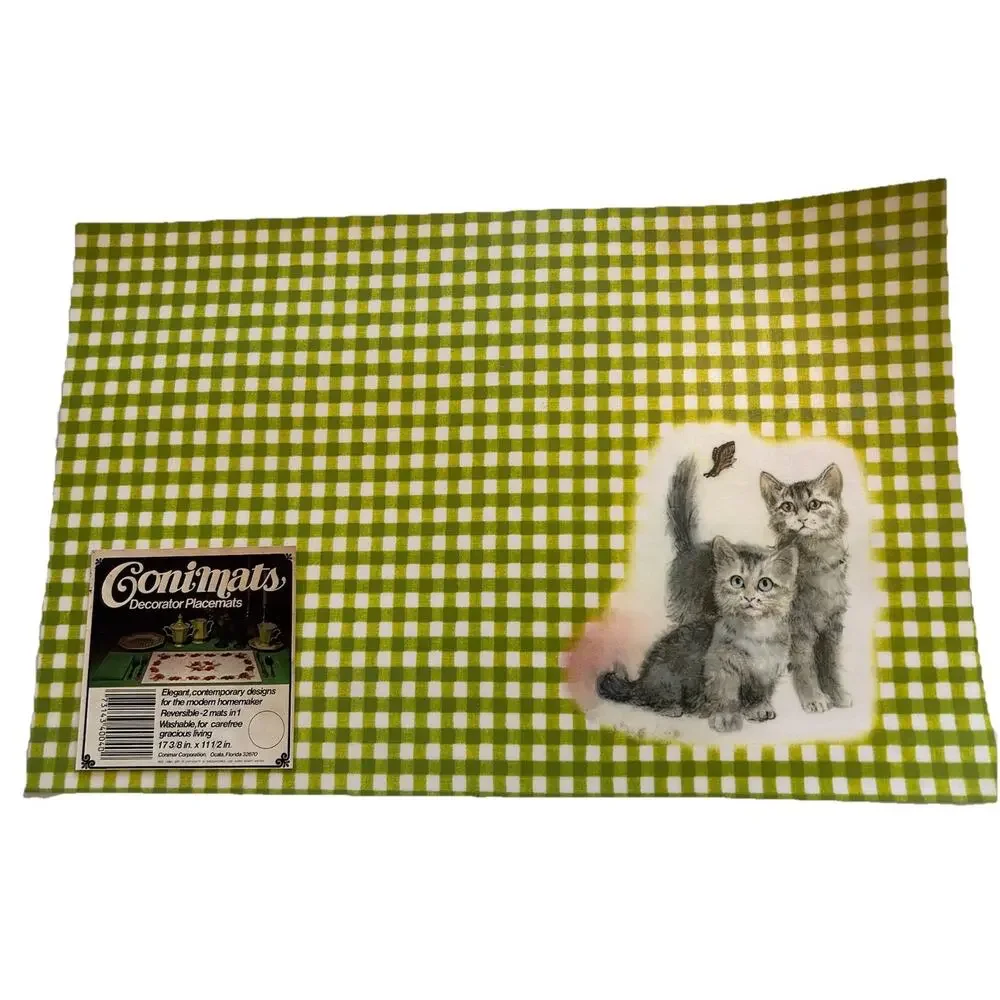 Conimar‎ Conimats Decorator Reversible Placemats Kitten Cat Green Gingham Set 4